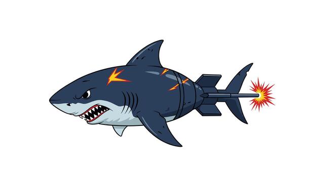 An angry cartoon shark-rocket hybrid, propelling itself with fiery exhaust from its tail and adorned with dynamic lightning bolt patterns. vector