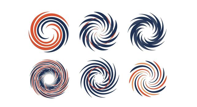 Six distinct abstract spiral design elements featuring swirling patterns in blue and orange hues, perfect for modern graphic branding. vector