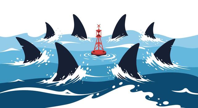Shark fins emerging from choppy waters, circling a red buoy, creating a sense of impending danger. vector