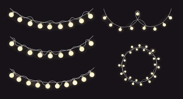 Set of various glowing string lights arranged in horizontal and circular decorative patterns on a dark background, perfect for festive designs. vector