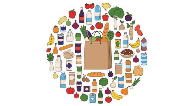 A diverse collection of fresh groceries and packaged foods arranged in a circular pattern around a brown shopping bag, symbolizing a healthy diet. vector