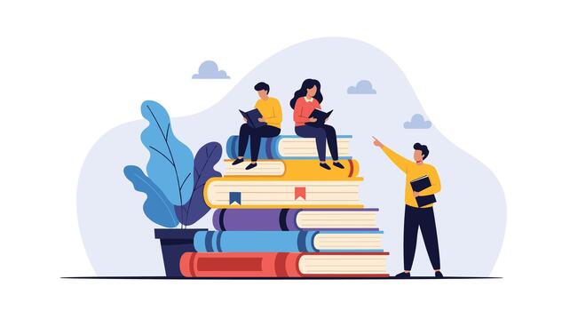 Young students learn and read together on a large stack of books, guided by a mentor who points towards future knowledge. vector