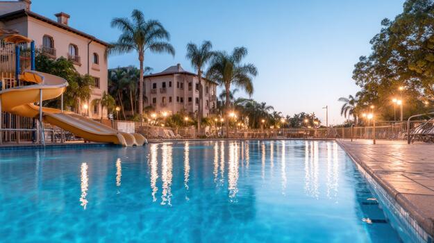Outdoor swimming pool with a yellow water slide at a tropical resort in the evening with warm lights reflecting on the blue water and palm trees photo