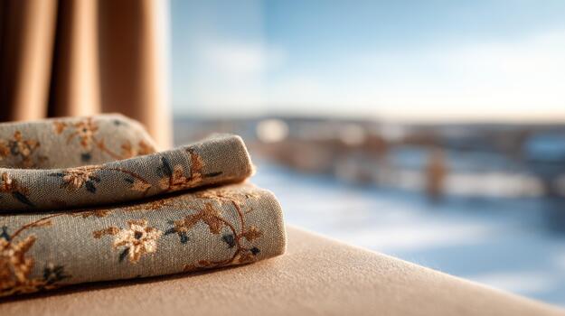 Decorative fabric with botanical pattern on cushioned surface by light photo