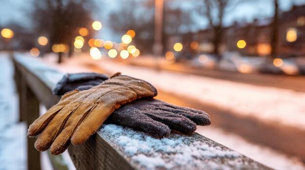 Winter gloves resting on a snow dusted wooden railing with soft bokeh lights in the blurred urban background creating a chilly and atmospheric evening scene photo