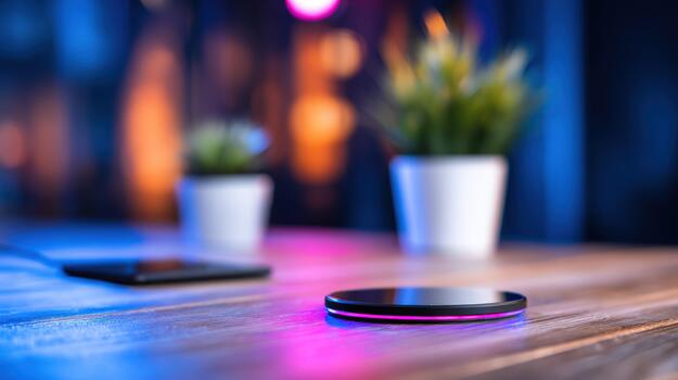 Wireless charging pad with glowing light on wooden table next to a smartphone in a modern setting with blurred background bokeh lights photo