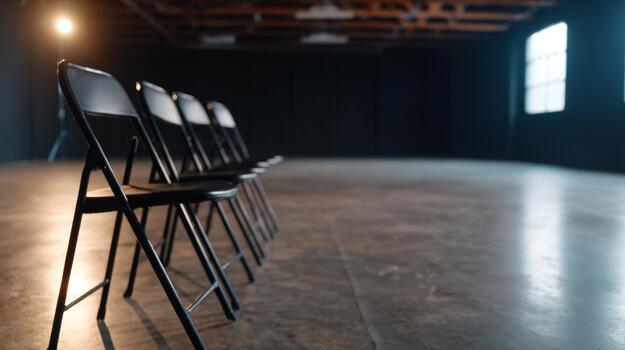 Row of black folding chairs in an empty studio or event space with concrete floor illuminated by soft light ready for audience or meeting photo