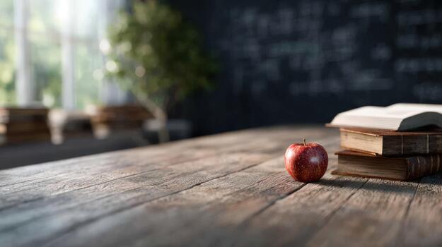 Red apple and stack of books on rustic wooden table in a classroom setting with chalkboard and window light photo