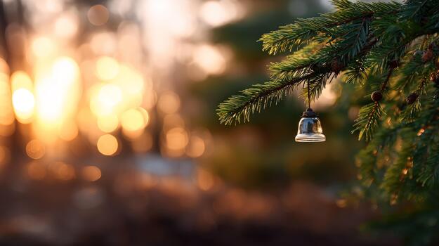 Small clear bell ornament hanging on green pine tree branch at golden sunset with bokeh background peaceful nature scene photo