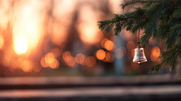 Silver bell hanging on an evergreen branch with soft warm bokeh lights in the background creating a serene festive atmosphere photo