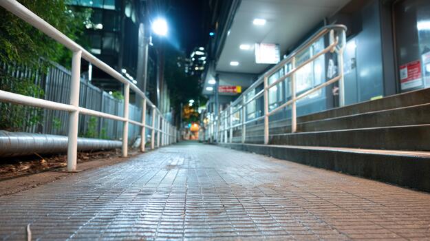 Empty urban pedestrian walkway at night with bright artificial illumination along textured ground and safety rails leading towards distant city lights and architectural structures photo