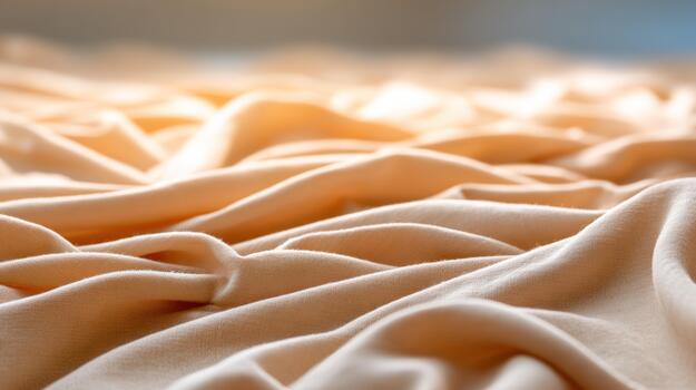 Close up view of soft wrinkled fabric surface illuminated by warm sunlight creating gentle shadows and highlights for comfort and textile concepts photo
