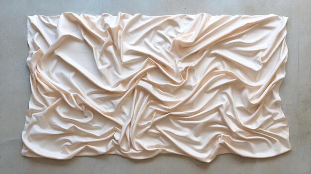 Elegant light beige fabric with soft flowing drapes and intricate folds creating a rich textured background surface photo