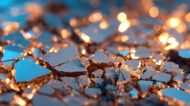 Shattered metallic fragments reflecting vibrant blue and golden light abstract background texture closeup with bokeh highlights and sparkling surface design photo