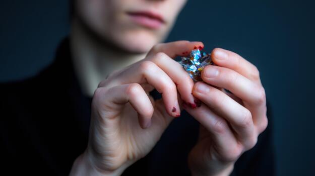 Human hands holding crumpled colorful object close up with abstract texture and metallic sheen creating a detailed and reflective image photo