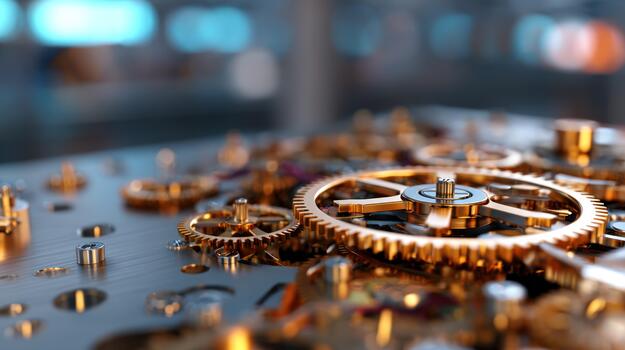 Intricate clockwork mechanism golden gears precision engineering abstract macro view time technology industry component development concept photo