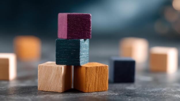 Stacked colorful wooden blocks balancing on dark surface illustrating growth development strategy teamwork problem solving and potential success photo