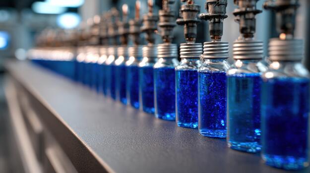 Automated liquid dispensing process in a laboratory setting with many blue solution vials photo