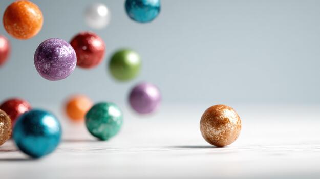 Vibrant multicolored spheres falling and scattering on a light surface with dynamic motion and glossy reflection photo