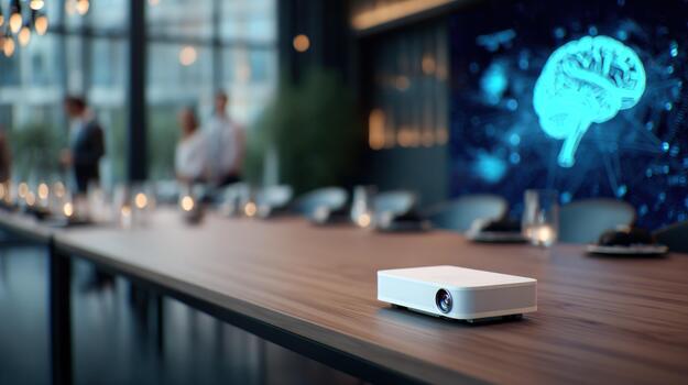Projector device on wooden table displaying holographic brain during business meeting concept for artificial intelligence and innovation photo