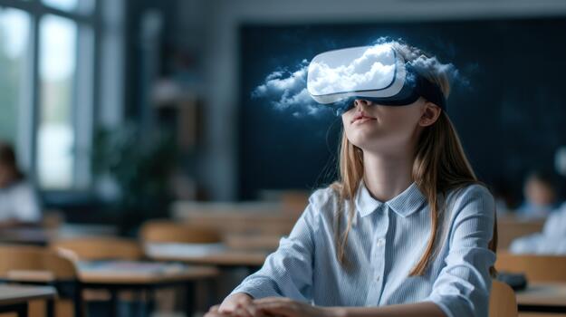 Young person wearing virtual reality headset experiencing immersive digital learning in a classroom setting with cloud technology concepts photo