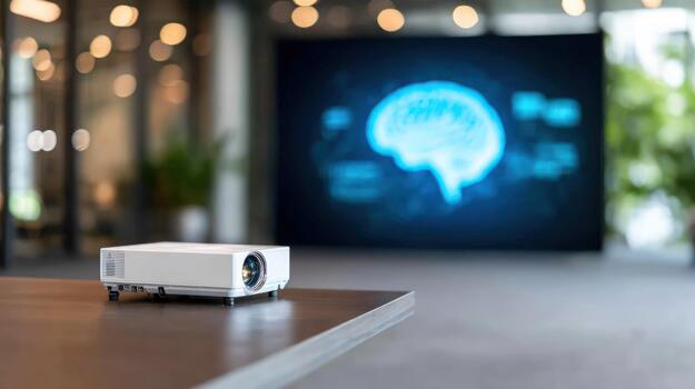 White multimedia projector on conference table displaying glowing brain illustration on large screen for business technology presentation photo