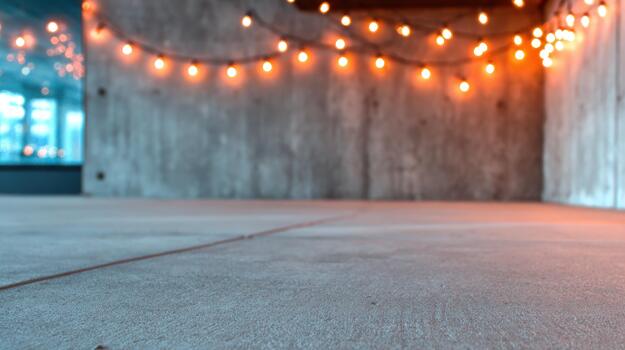Textured concrete floor with glowing string lights and vibrant bokeh background creating an inviting atmosphere for events product presentations or display photo