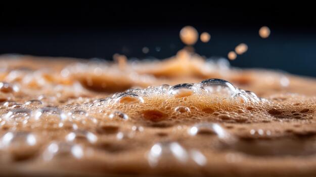 Close up view of effervescent brown foam with bubbles and liquid splashes on a dark background macro shot abstract photo