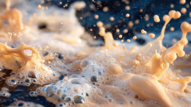 Dynamic liquid splash with textured foam and rising bubbles against a dark background illustrating fluid movement and frothy surface photo