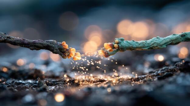 Sparking connection between two textured branches with glowing ends and illuminated particles photo