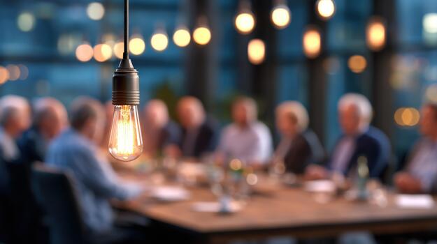 Illuminated light bulb hanging with a group of blurred people meeting around a table in a warm ambient setting photo