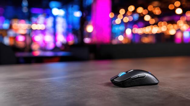 Modern wireless computer mouse with blue light on dark textured surface against blurry colorful neon background gaming technology peripheral photo