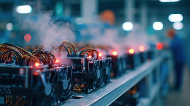 Electronic computer hardware processing unit with cooling system and glowing indicators in industrial data center setting photo