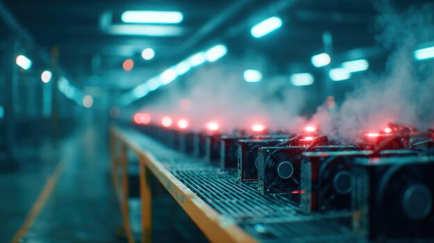 Rows of electronic hardware processing data in an industrial environment with glowing red lights and rising vapor indicating high performance operation photo