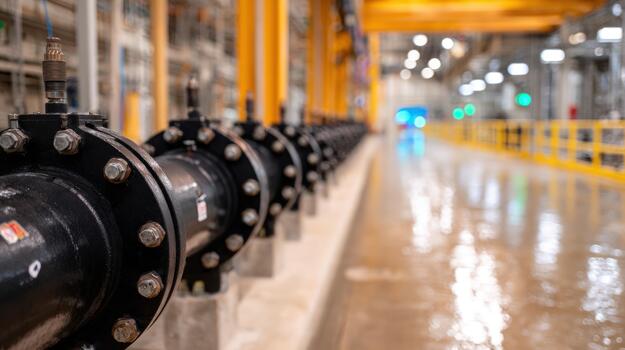 Industrial pipeline system in a modern factory setting with heavy duty black pipes and extensive infrastructure for power or utility distribution photo