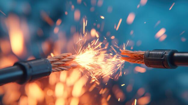 Dynamic electrical short circuit generating bright sparks and connecting copper wires against a blurred background representing power and energy photo