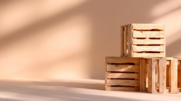Stacked wooden crates on a warm background with natural light and shadow patterns offering ample copy space photo