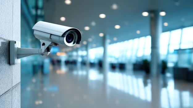 Surveillance camera system monitoring an empty modern building hallway with bright interior lighting and large windows ensuring public safety photo