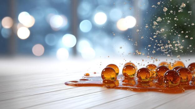 Translucent amber spheres in viscous liquid with splashing droplets on a light surface and glowing bokeh background photo