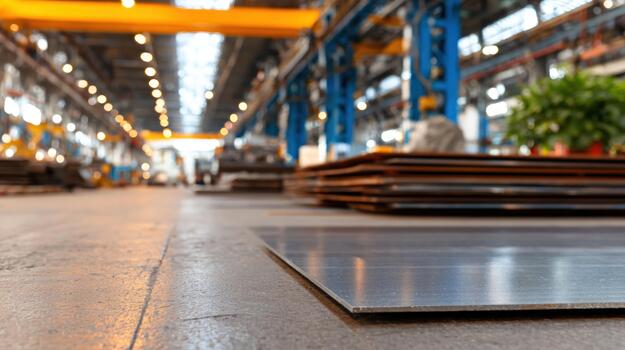 Metal sheet plates on factory floor industrial workshop production line manufacturing plant interior heavy industry materials storage photo