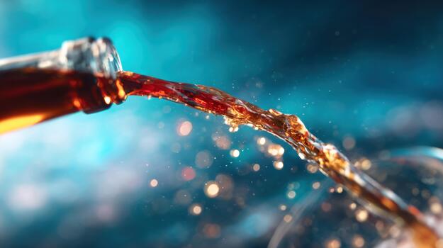 Refreshing beverage pouring from bottle with dynamic liquid splash and bokeh background photo