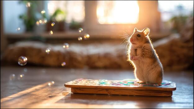 Small rodent standing on decorative surface with soft backlighting and floating bubbles photo