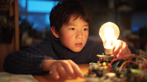 Young boy focused on an illuminated light bulb and intricate electronic circuit board during a science or technology experiment in a dim indoor setting photo