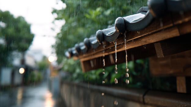 Rainfall dripping from building eaves creating natural water stream after weather event photo
