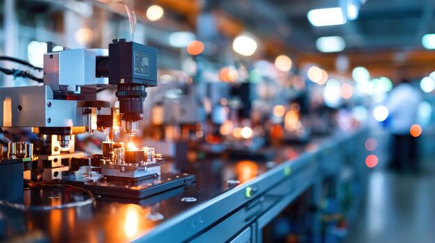 Automated manufacturing process with robotic arm and laser precision technology in factory environment photo