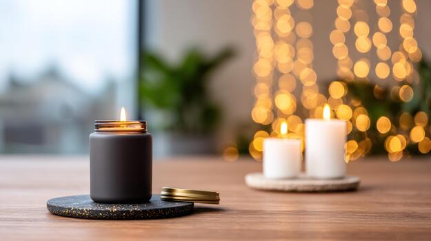 Lit candles in a minimalist dark jar and white pillar style creating a warm cozy glow on a wooden table with blurred background lights photo