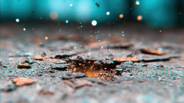 Abstract sparkle effect on textured ground with glowing particles and blurred bokeh lights photo