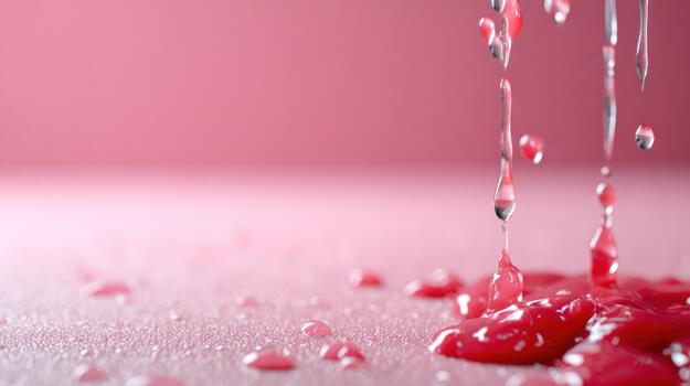 Red liquid dripping and splashing on pink surface dynamic fluid motion abstract background with vibrant glossy drops photo