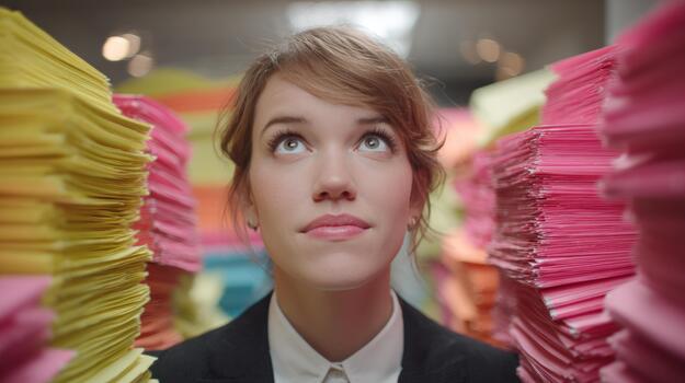 Woman surrounded by vast stacks of colorful paper contemplating a solution to overwhelming administrative tasks or complex data photo