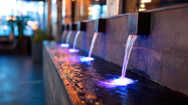 Modern illuminated indoor water feature with colorful glowing light streams and calm flowing water creating a serene ambiance photo